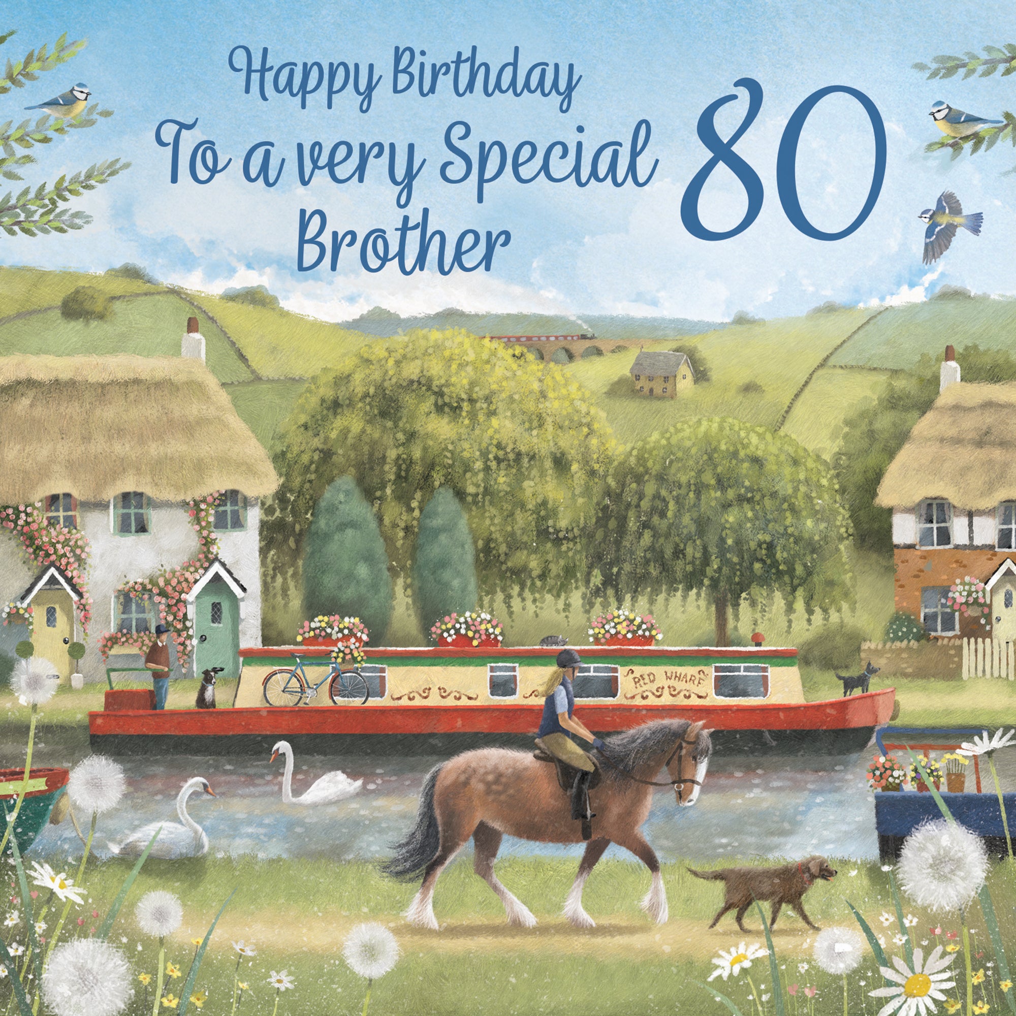 80th Brother Canal Narrowboat Birthday Card Horse Riding Milo's Gallery