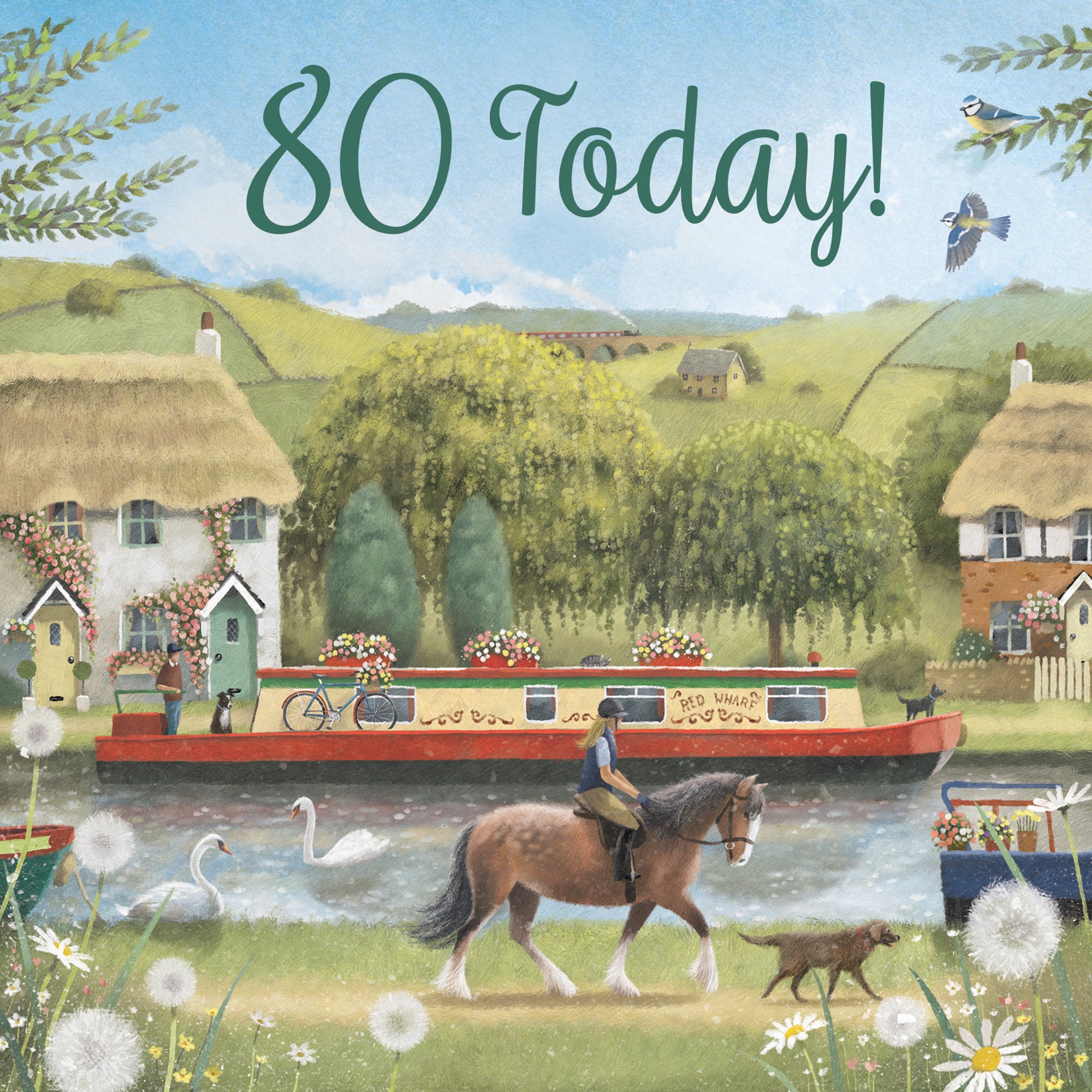 80th Canal Narrowboat Birthday Card Horse Riding Milo's Gallery