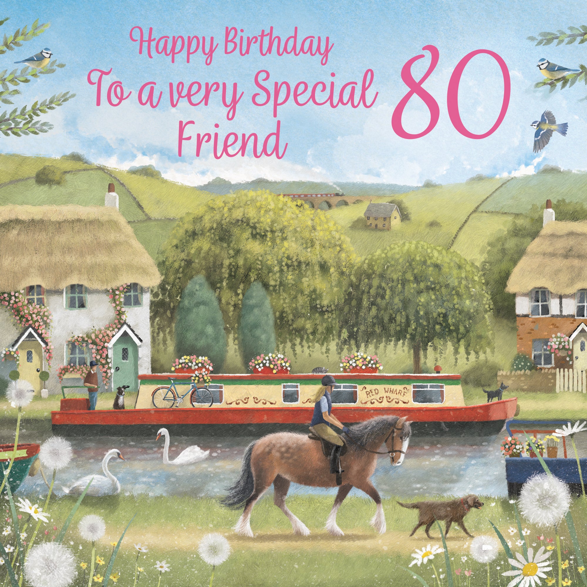 80th Friend Canal Narrowboat Birthday Card Horse Riding Milo's Gallery