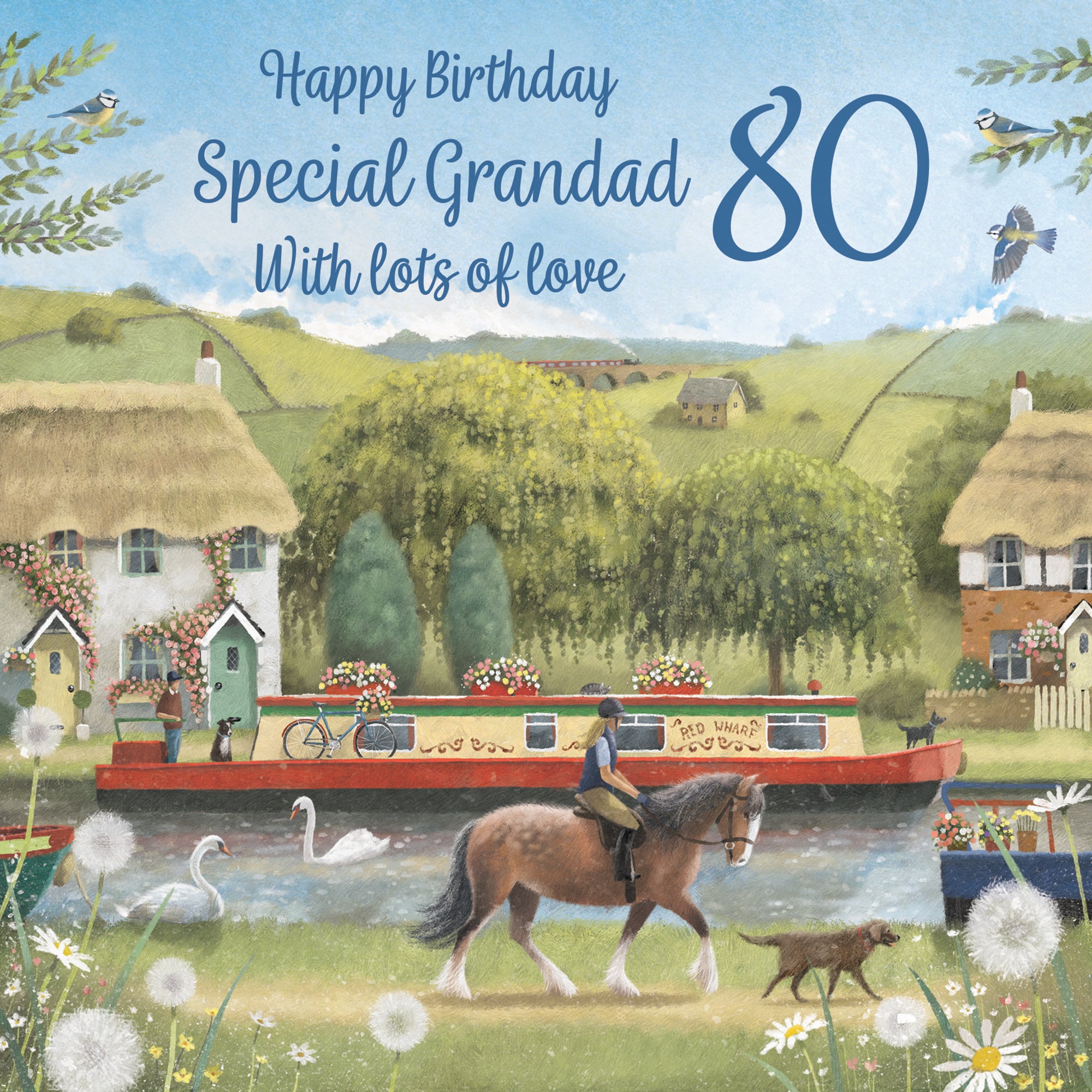 80th Grandad Canal Narrowboat Birthday Card Horse Riding Milo's Gallery