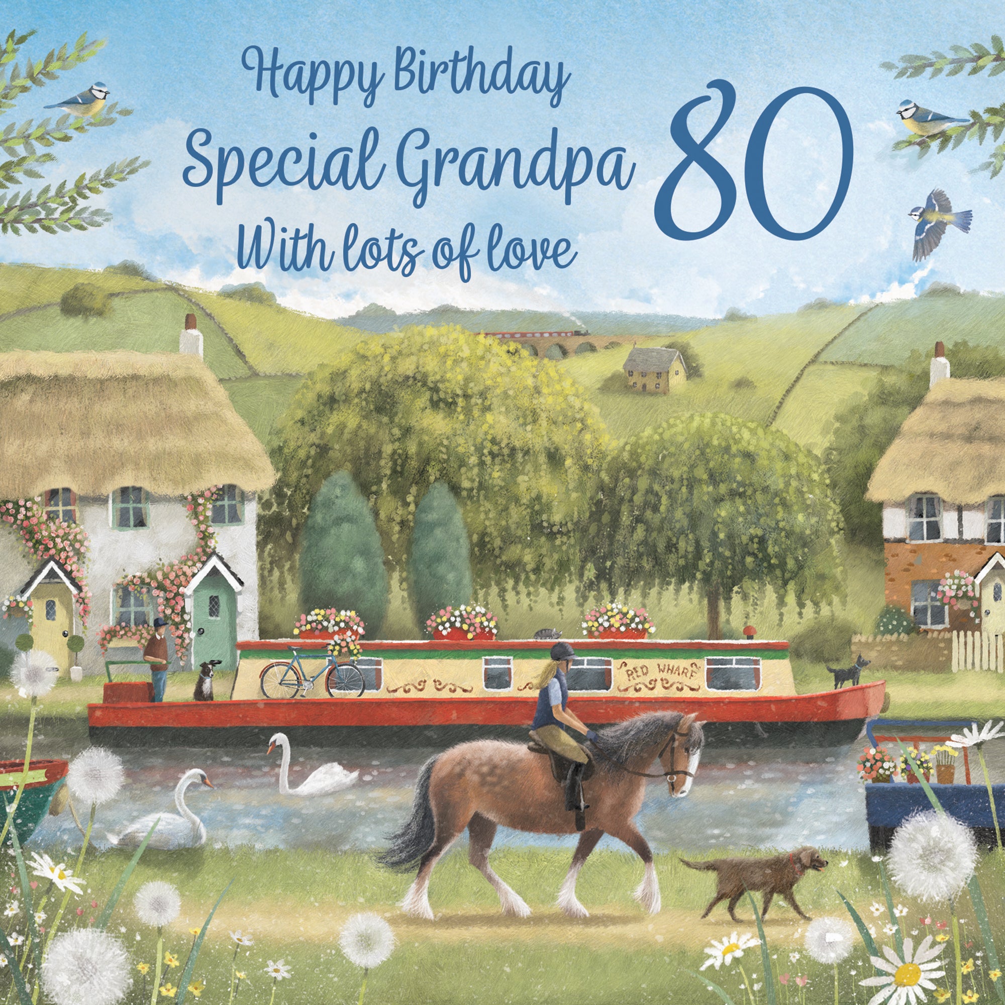 80th Grandpa Canal Narrowboat Birthday Card Horse Riding Milo's Gallery