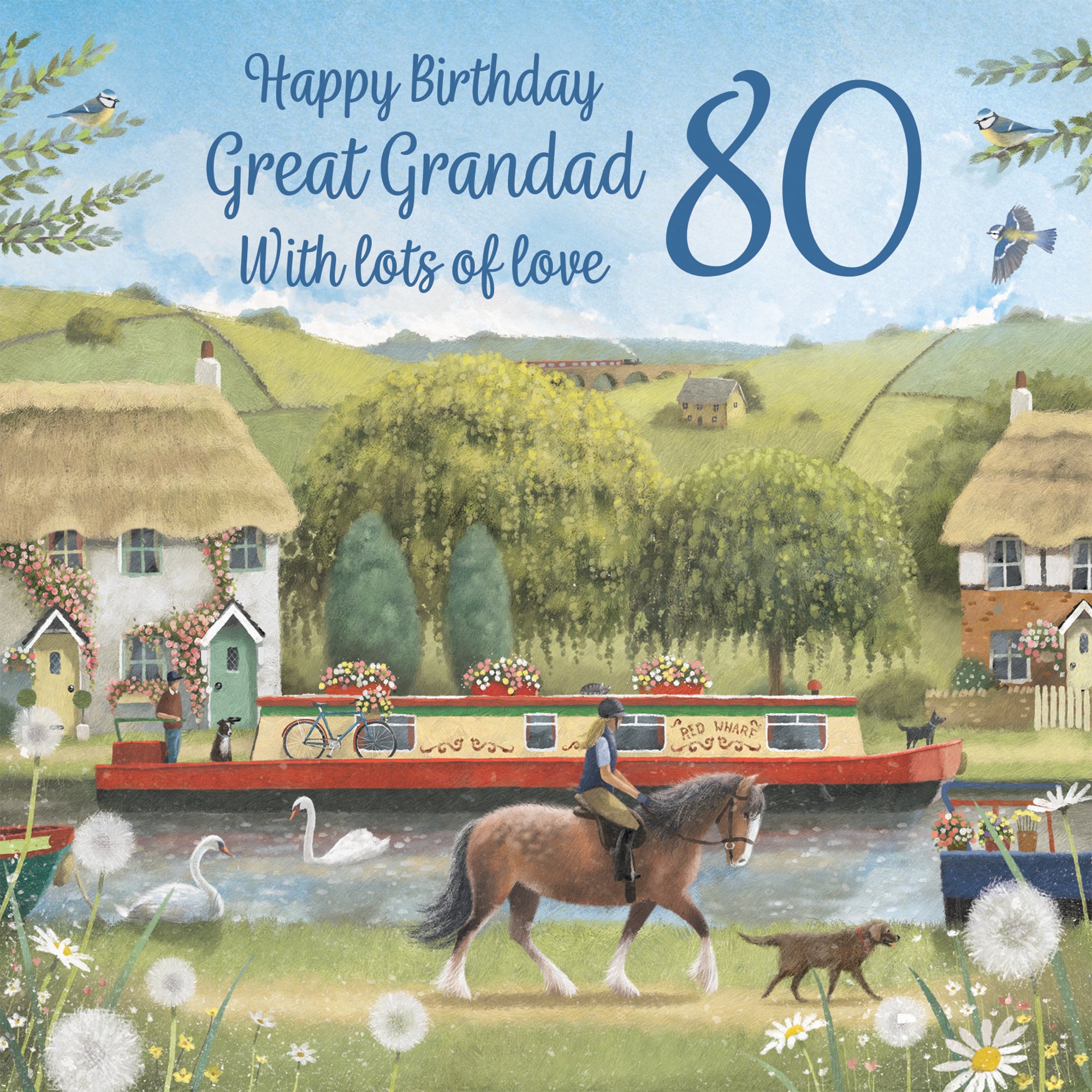 80th Great Grandad Canal Narrowboat Birthday Card Horse Riding Milo's Gallery