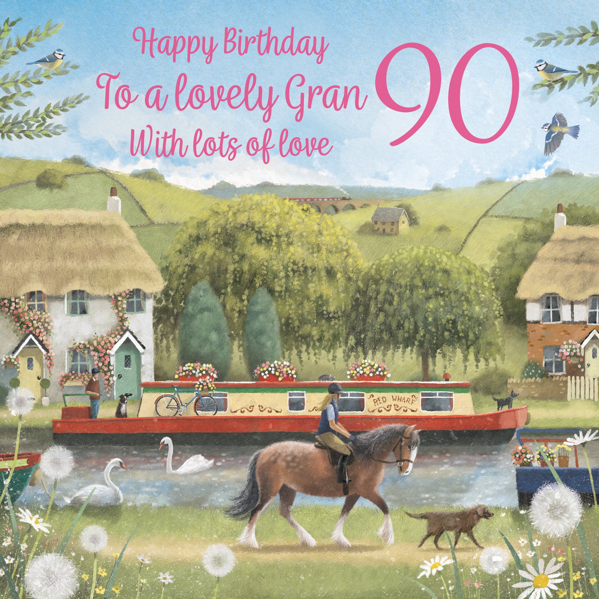 90th Gran Canal Narrowboat Birthday Card Horse Riding Milo's Gallery