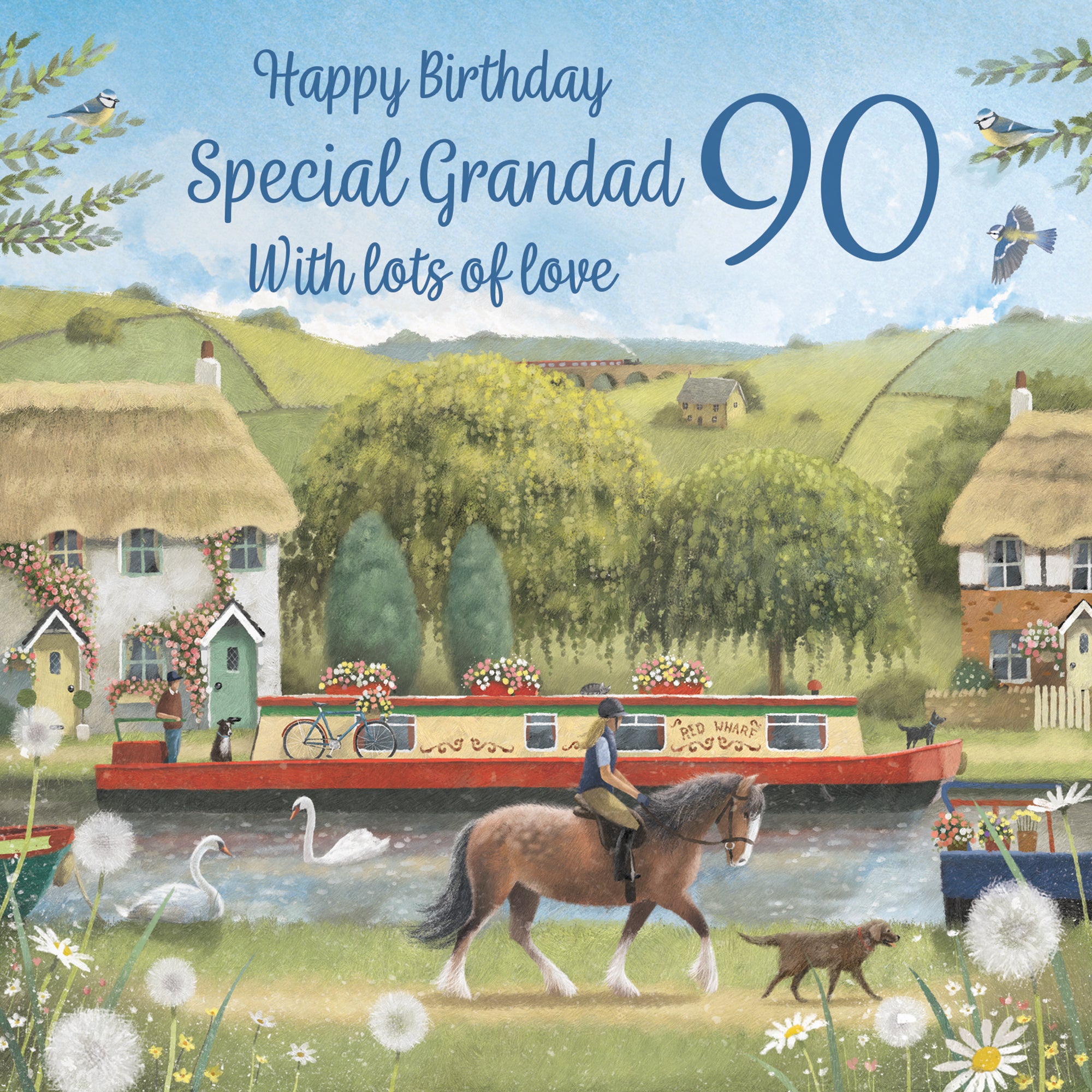 90th Grandad Canal Narrowboat Birthday Card Horse Riding Milo's Gallery