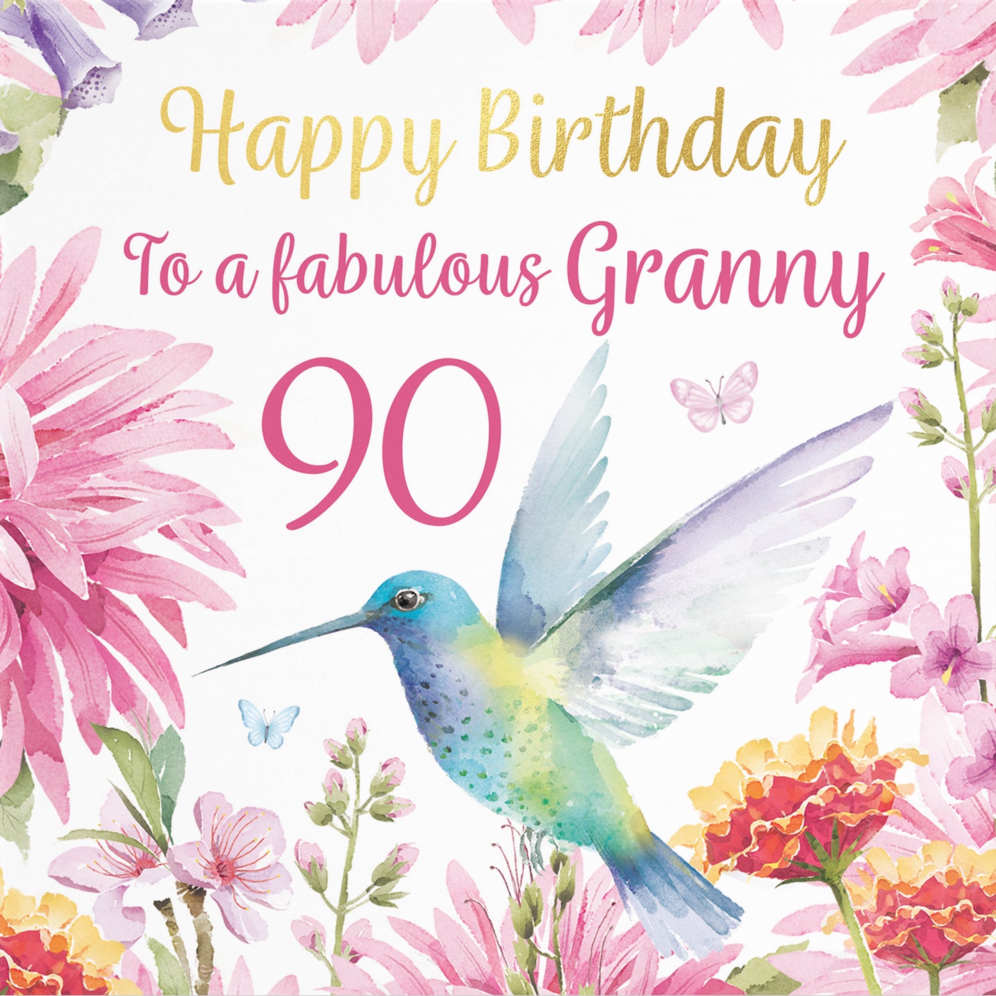 90th Granny Birthday Card Hummingbird Gold Foil Milo's Gallery