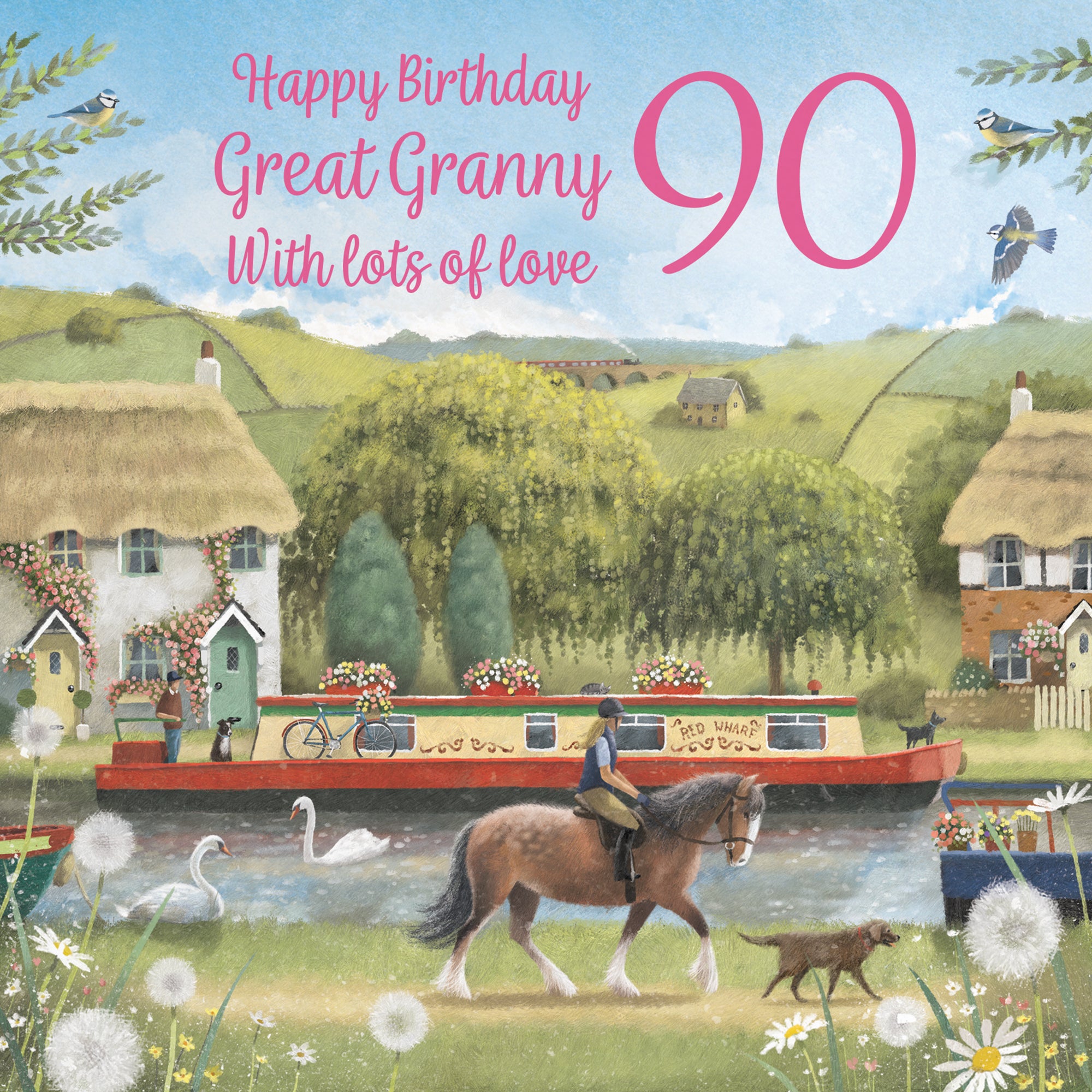 90th Great Granny Canal Narrowboat Birthday Card Horse Riding Milo's Gallery