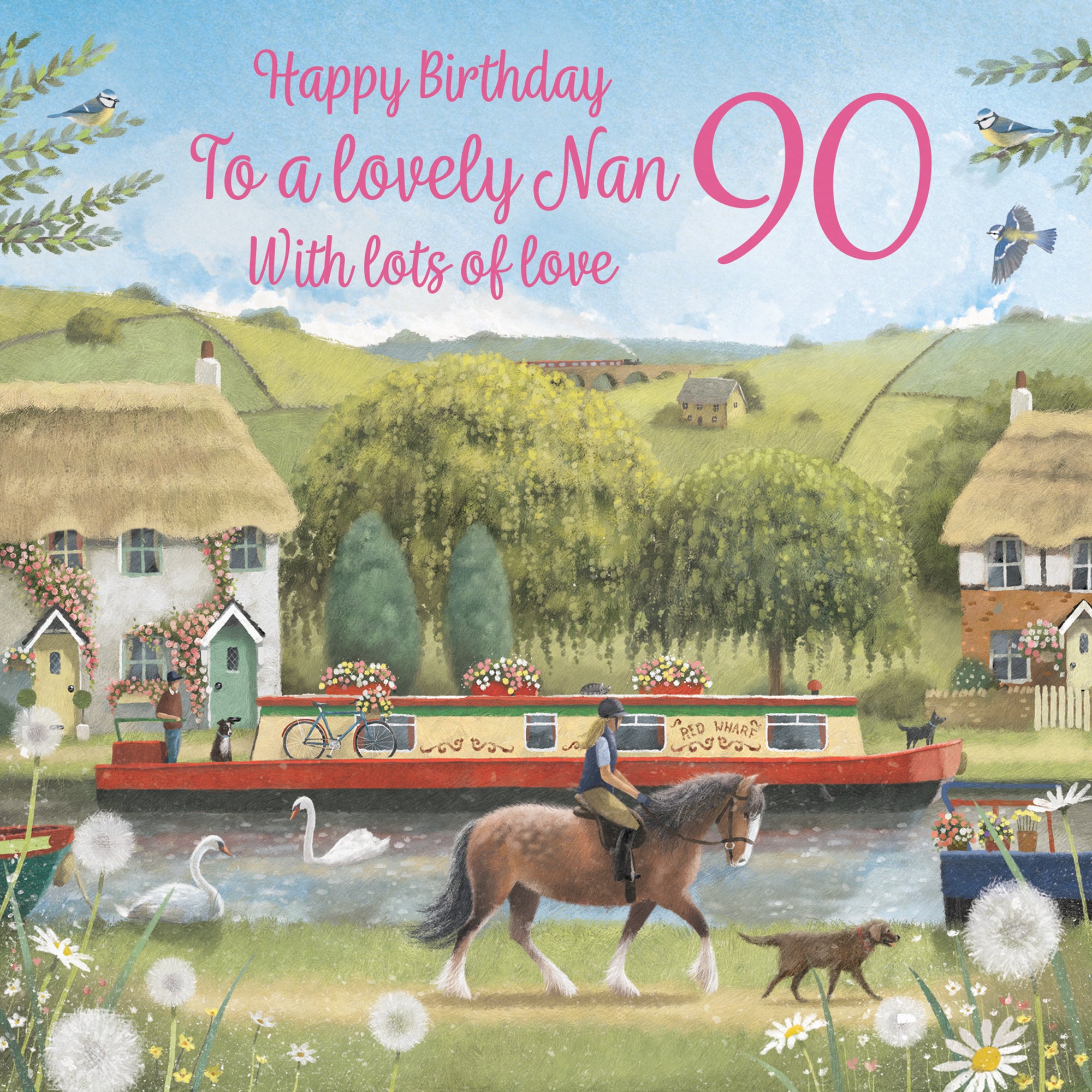 90th Nan Canal Narrowboat Birthday Card Horse Riding Milo's Gallery