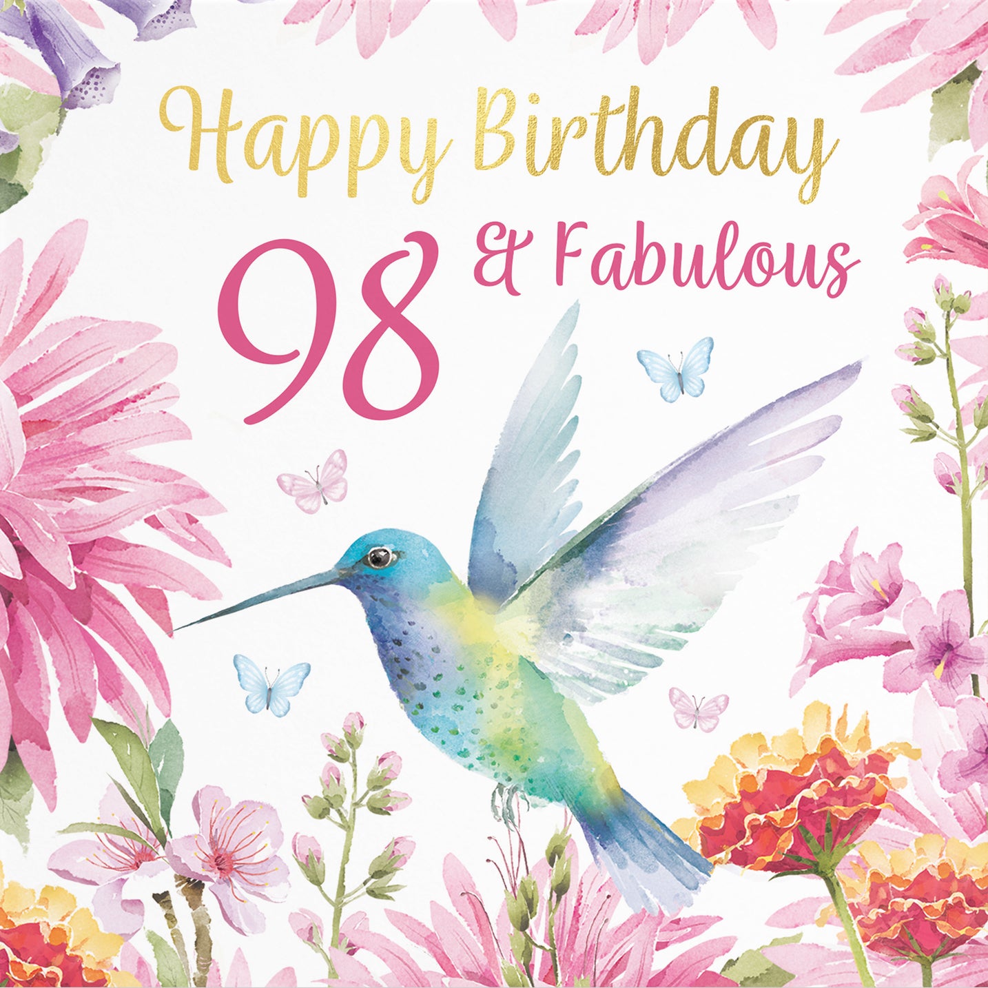 98th Birthday Card Hummingbird Gold Foil Milo's Gallery