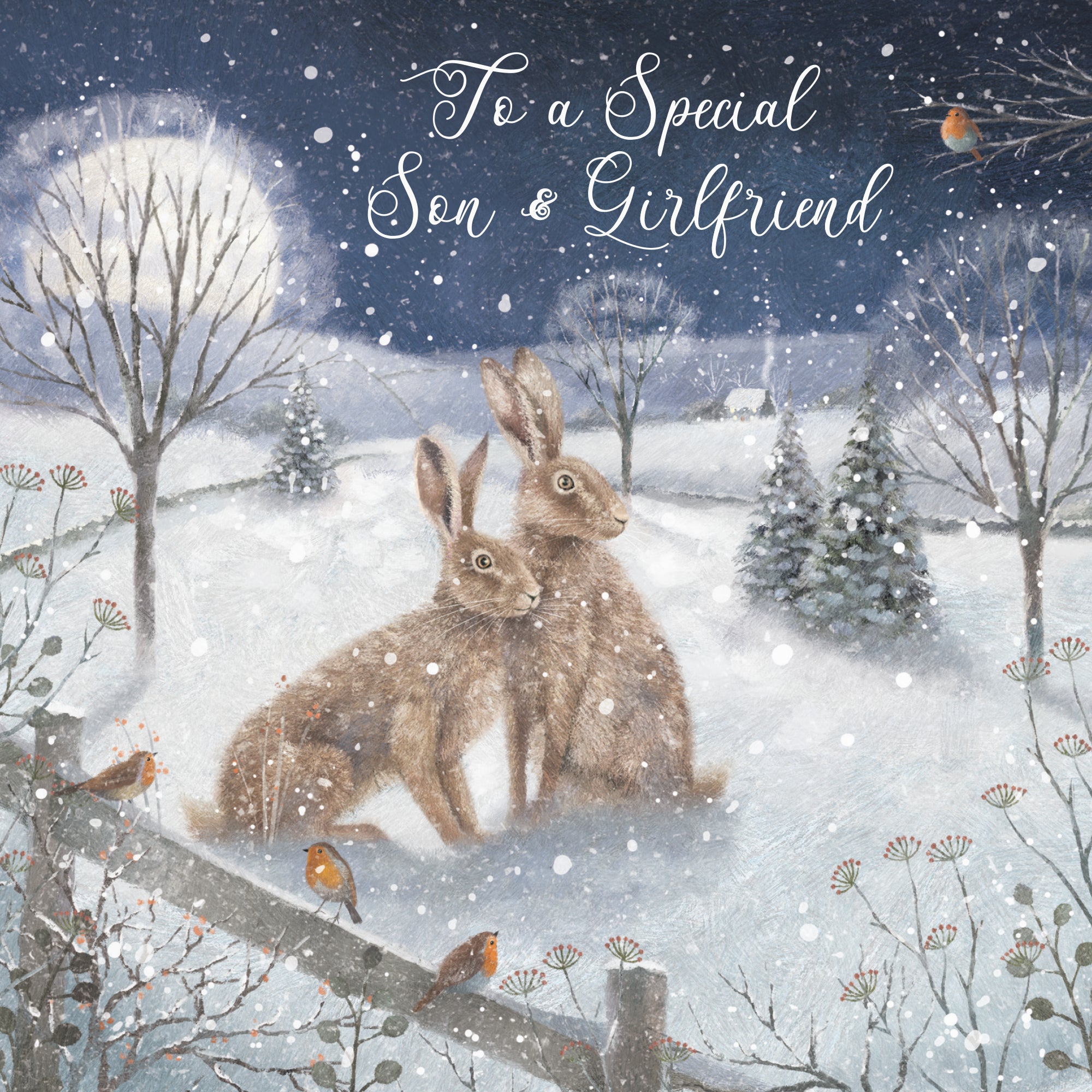 Son And Girlfriend Christmas Card 'Snowy Hares' Milo's Gallery